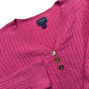 Chaps Classics Sweater Womens 1X Cable Knit Henley Gold Buttons Preppy Pink